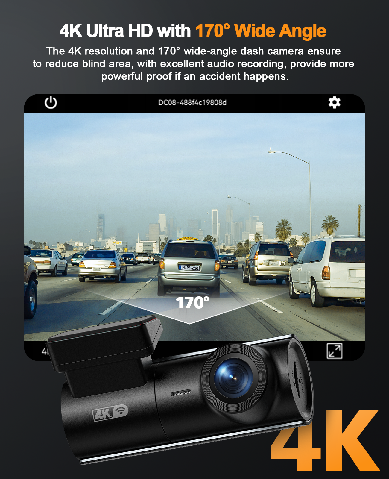 4K Dash Cam for Cars with Front Camera, APP Control, Free 64GB SD Card, 170° Wide-Angle, Voice Broadcast, Night Vision, Loop Recording