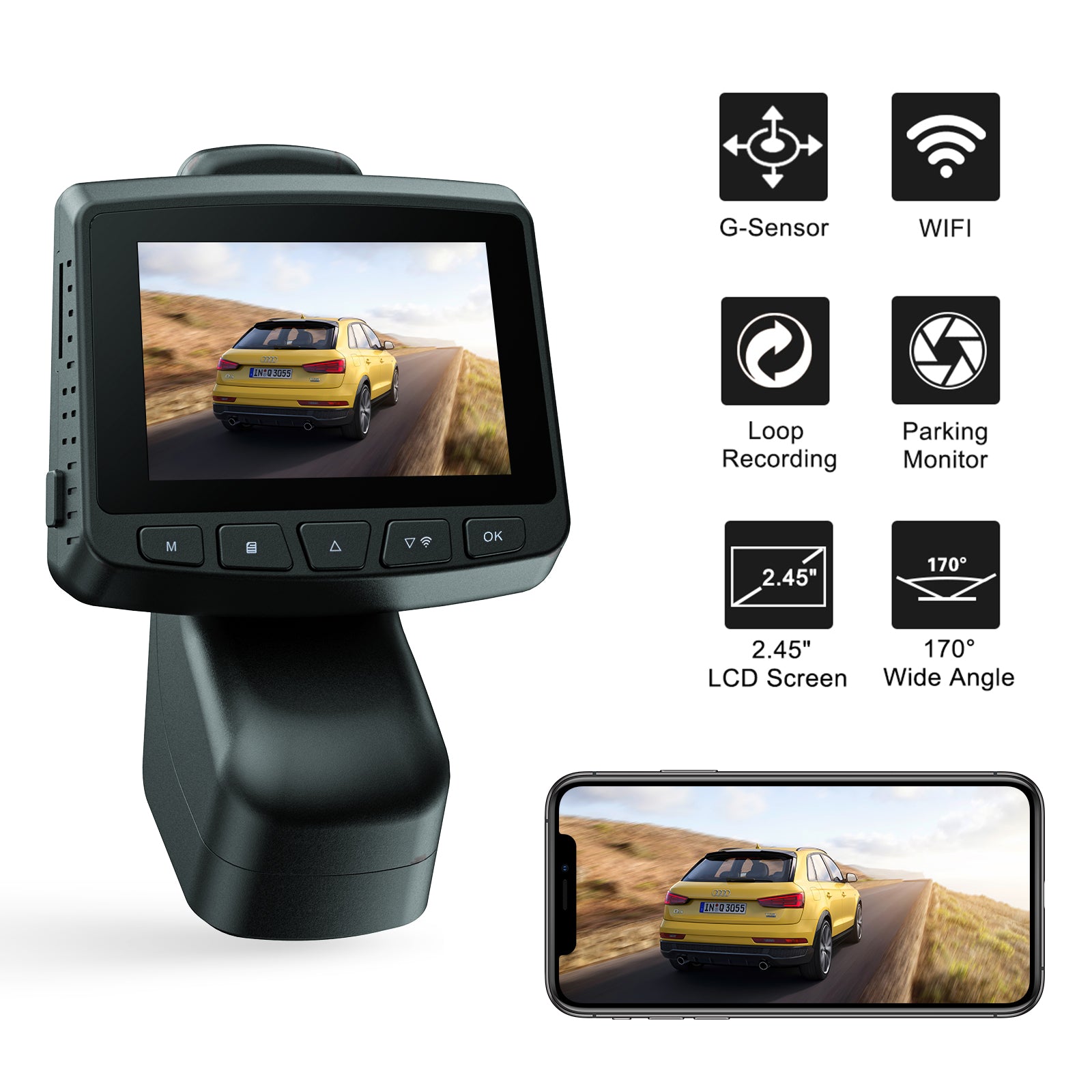 1080P GPS Driving Recorder, Mini DVR Car Camera Car Driving Recorder with 2.45 IPS LCD and 170° Wide Angle Camera
