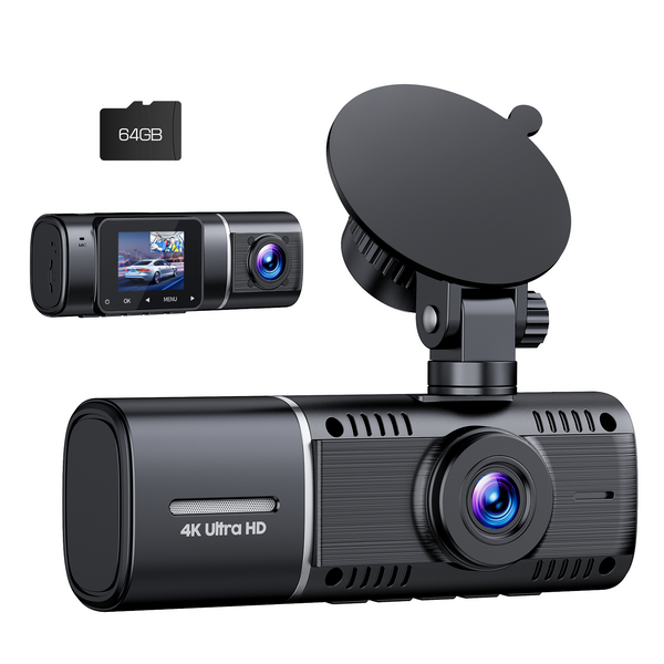 4K Dual Dash Camera, Front and Rear Dash Cam with 64GB SD Card, Infrared Night Vision and Loop Recording