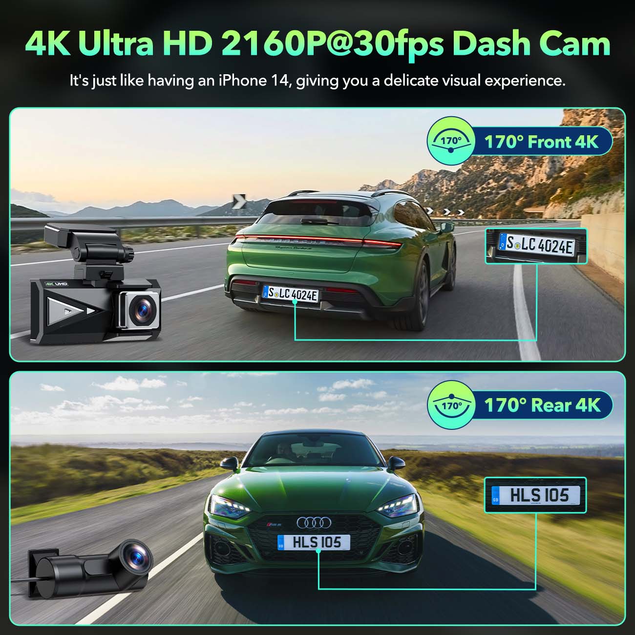 Toguard DC19 2160P Dash Cam Car Front Rear 4K + 4K Dual Car Camera with 128GB SD Car and 3.16 Inch IPS Screen, Wide Angle, Parking Monitor