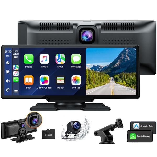 9.26'' Wireless Car Stereo Apple Carplay with 2.5K Dash Cam and 1080P Backup Camera, Portable Touchscreen GPS Navigation for Car, Car Stereo Receiver with Bluetooth, AirPlay