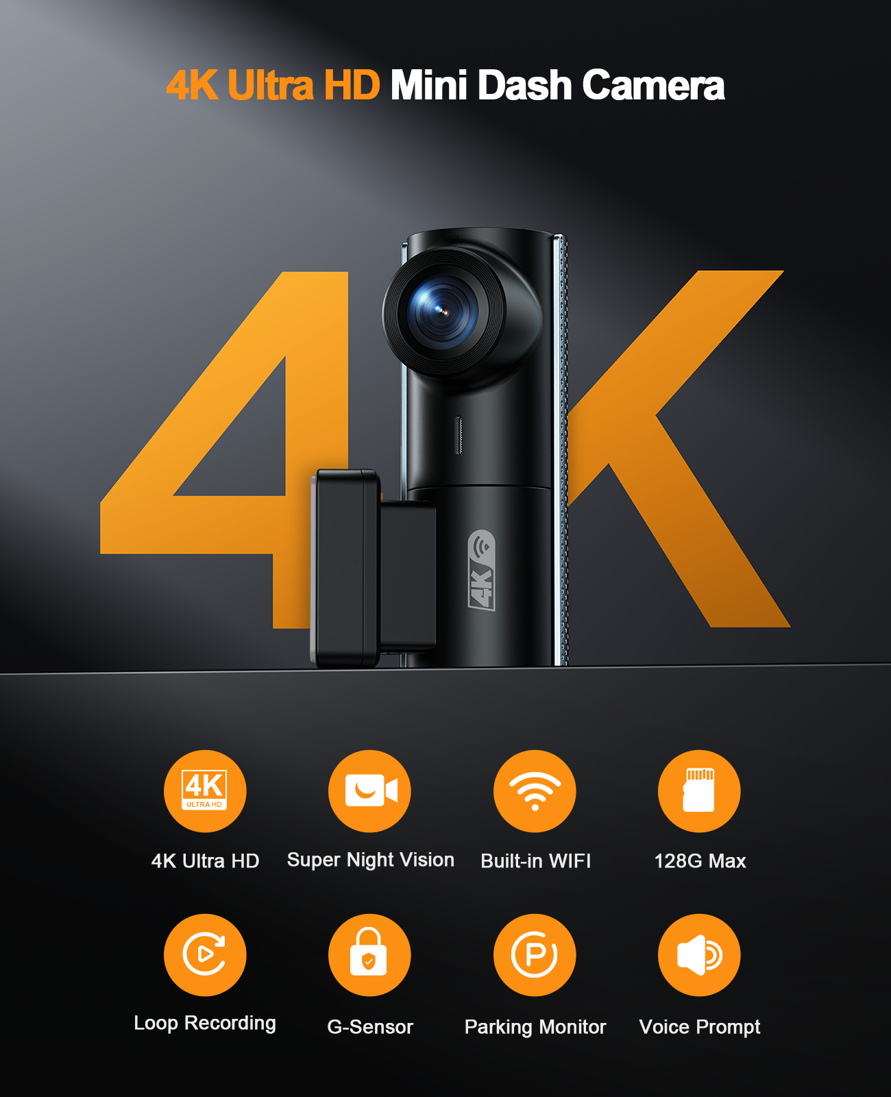 4K Dash Cam for Cars with Front Camera, APP Control, Free 64GB SD Card, 170° Wide-Angle, Voice Broadcast, Night Vision, Loop Recording