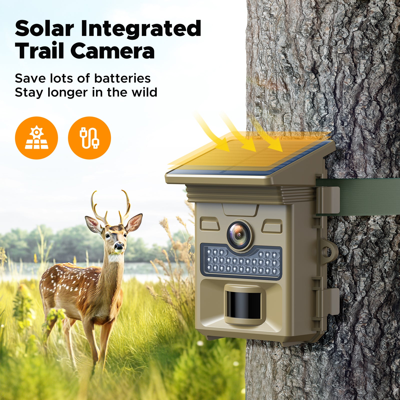  1080P 32MP Trail Cameras Solar Powered Game Camera with Night Vision Motion Activated IP66 Waterproof Loop Recording for Wildlife Monitoring