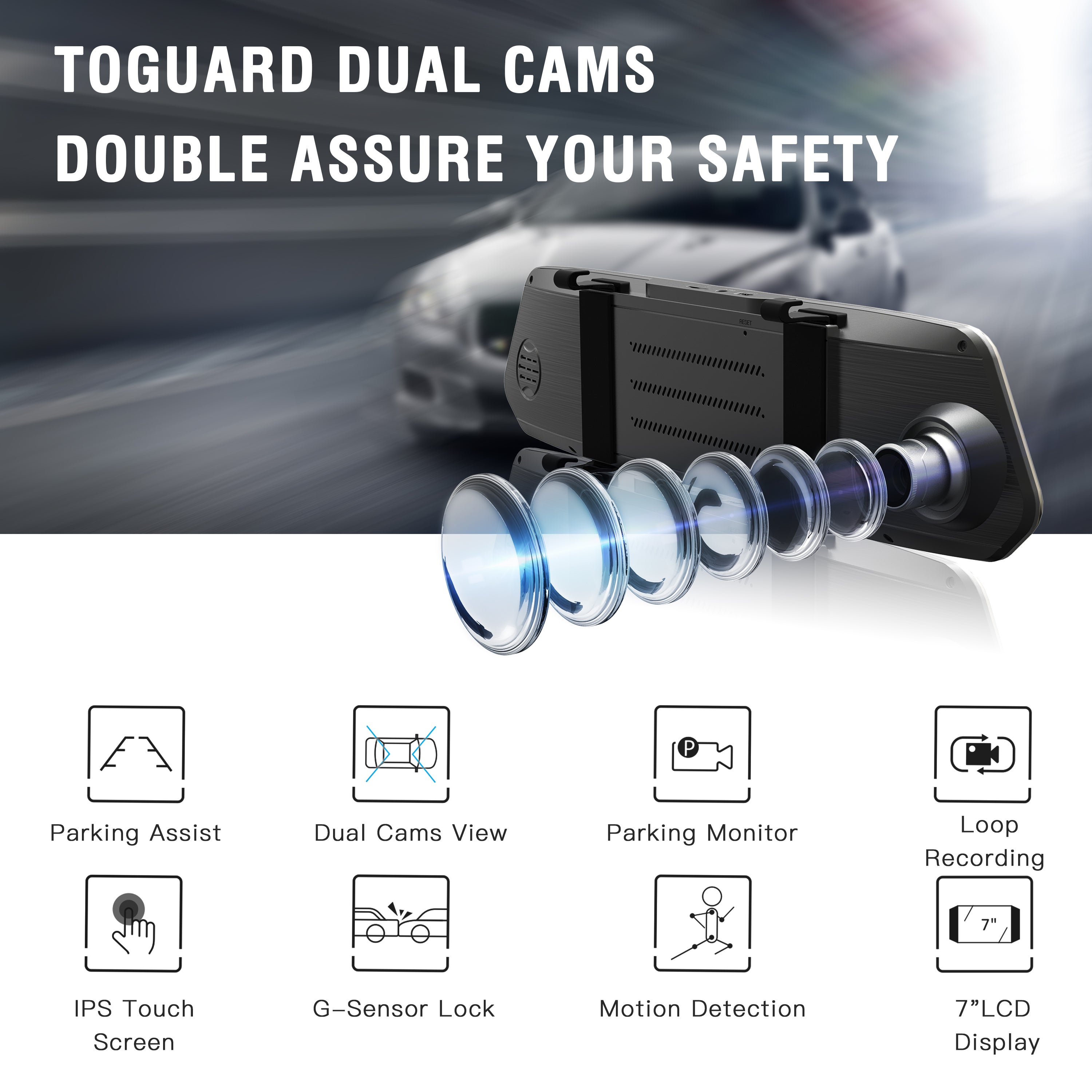 Toguard CE35  Dual lens Dash Cam  Camera  Touch Screen Front for Cars Backup Camera（UK ONLY)