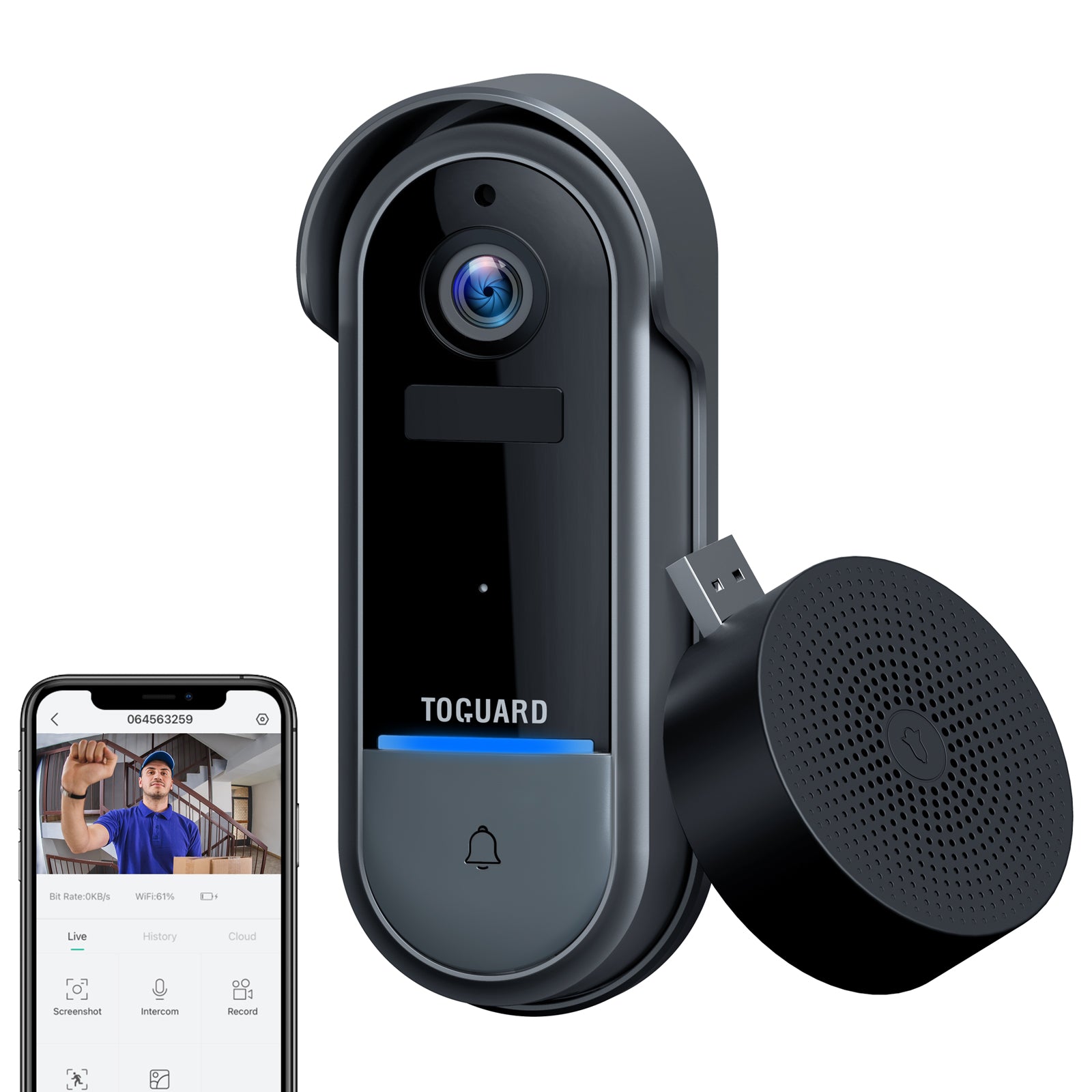 Caméra de sonnette vidéo TOGUARD DB30 1080p WiFi HD caméra de sonnette de porte intelligente avant de sécurité à domicile