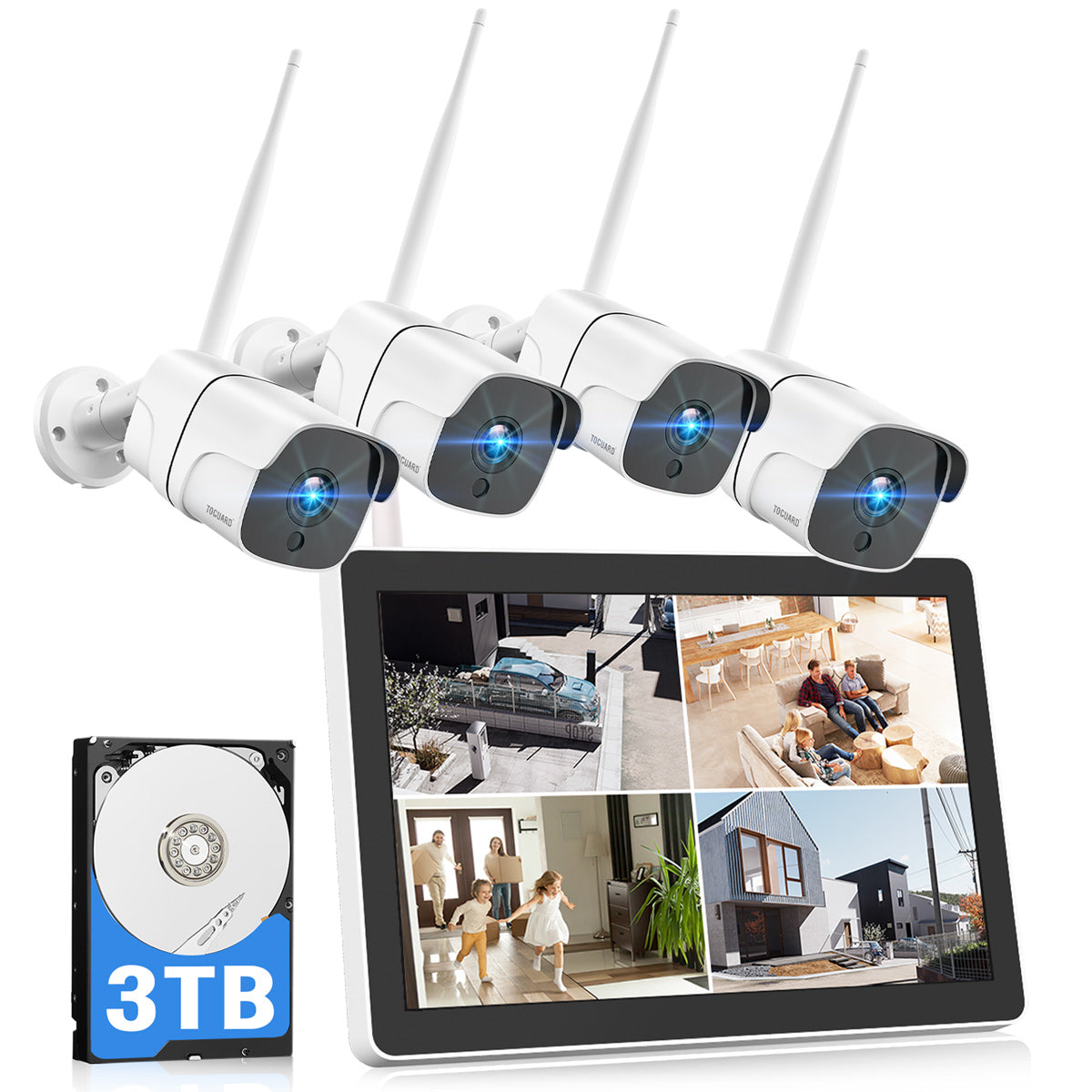Toguard W400 4Pcs 1080P 8CH NVR Wireless Security Camera System with 12 inch LCD Monitor &  3TB Hard Drive (Only Available In Europe)