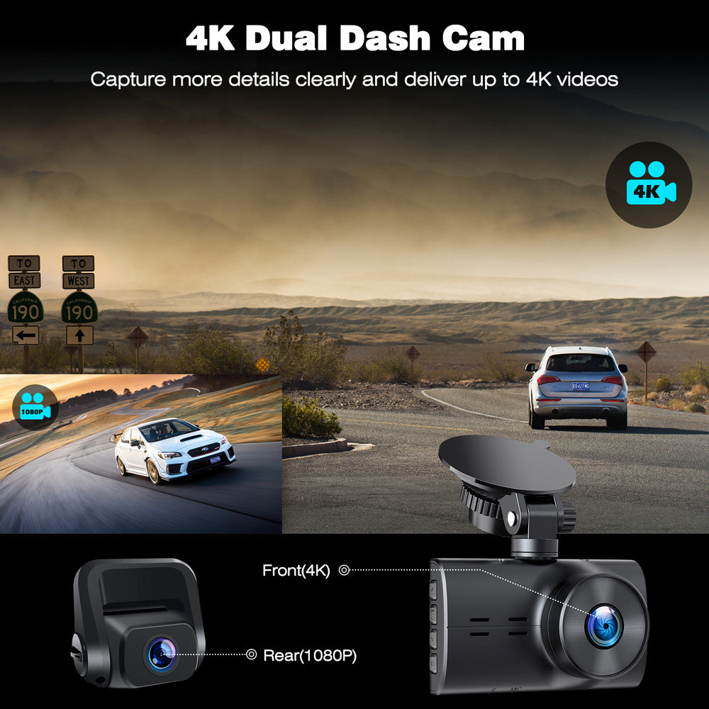 Toguard DC30A Native 4K+1080P front and rear dash camera, Super night vision & WDR 24/7 Parking Mode（Only Available in the US and  EU）