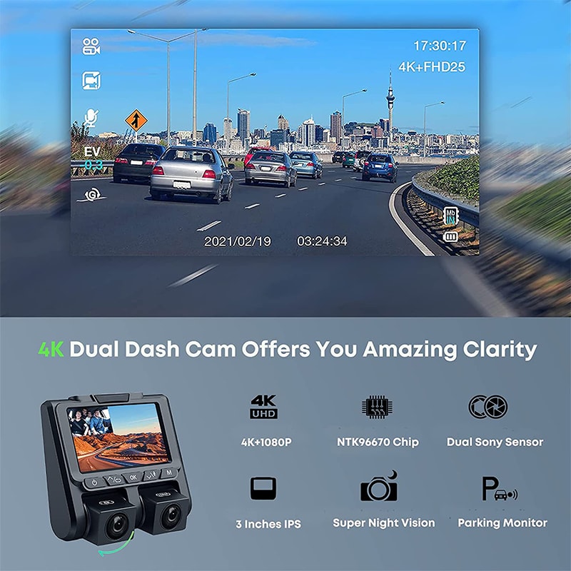 Toguard CE45A 4K Dual Dashcam 2160P+1080P Front- und Innen-Carbin Dashcam für Autos mit 3" LCD