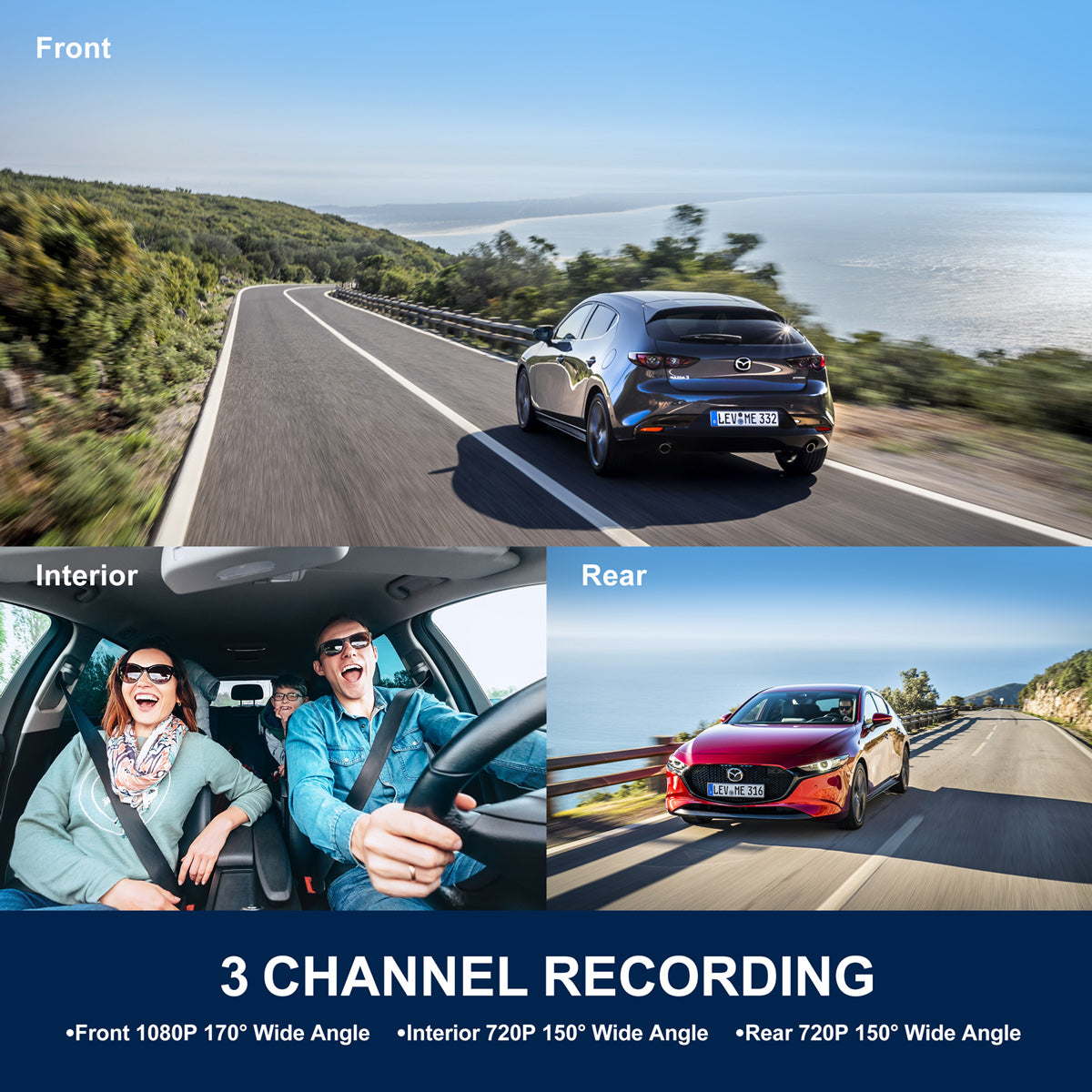 Toguard M200 1080P 3 Channel Front and Rear Inside Triple Car Camera With With GPS & Speed