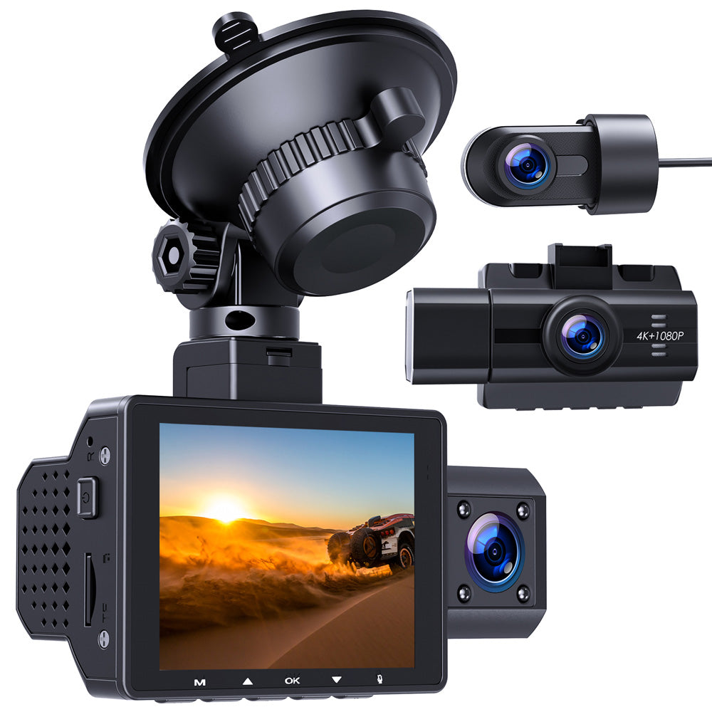 3 Channel 4K Dash Cam for Cars, 4K+2.5K Front and Rear Cabin