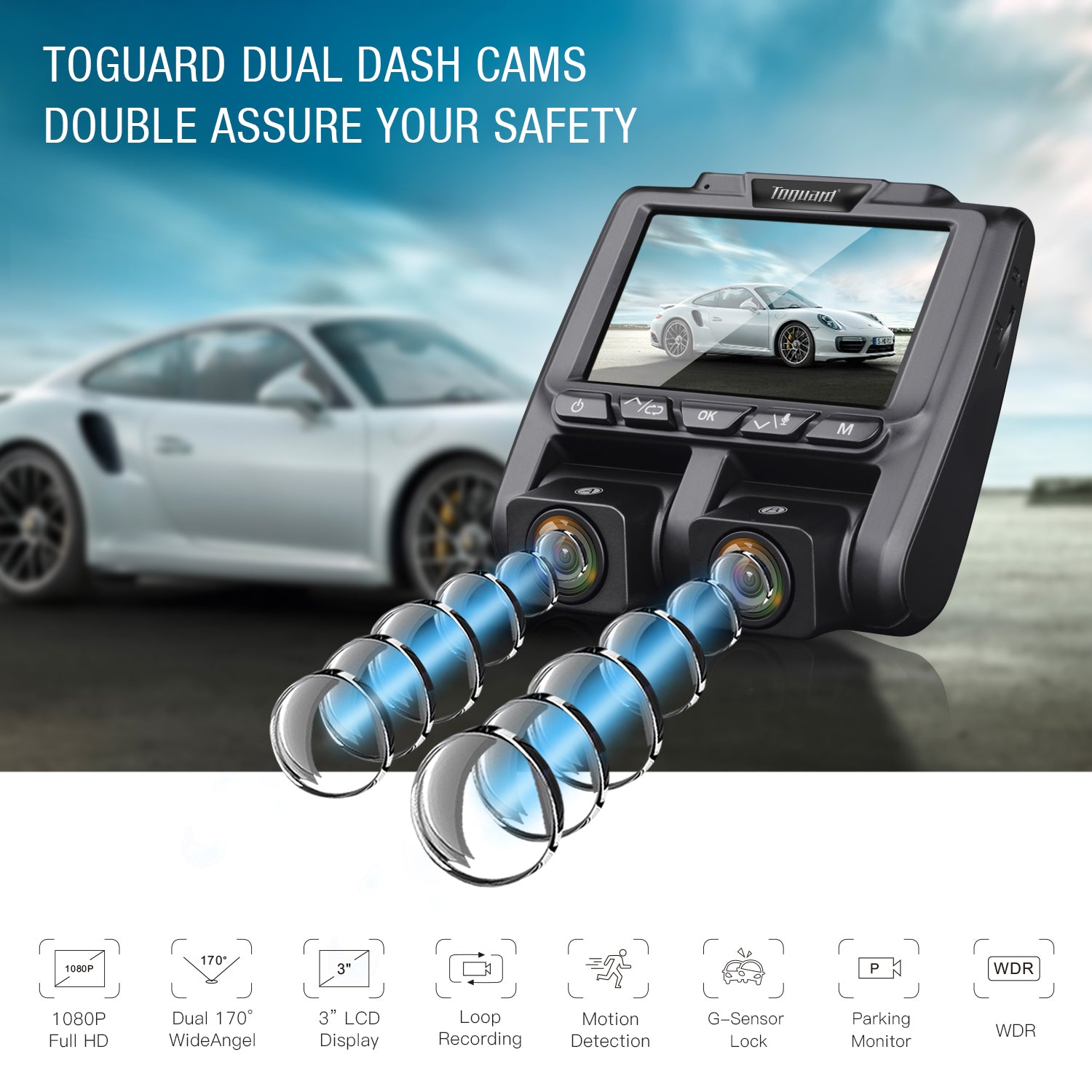 Dashcam Full HD 1080p, Caméra Voiture avec Micro, Rotation 360