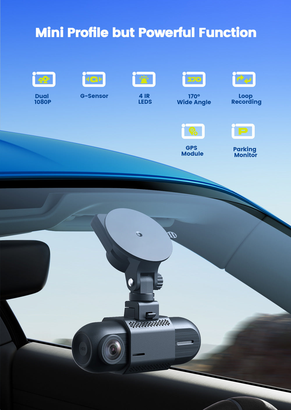Toguard DC35 1080P Front and Inside Dual Dash Cam Built-in GPS For Tracking Speed And Route（Europe ONLY）