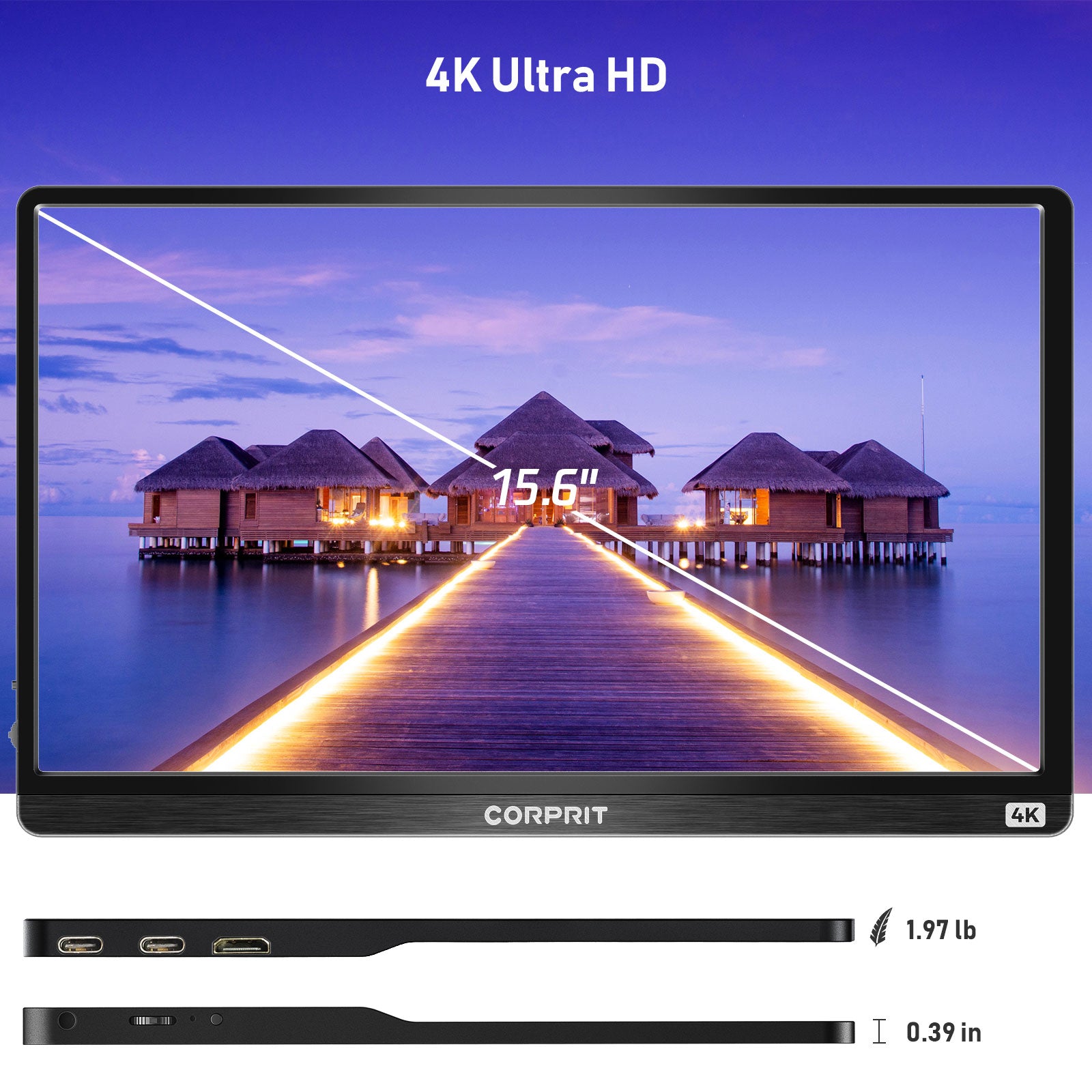 Corprit D159 4K 100 % RGB-Farbtragbarer Monitor, 15,6 Zoll Corprit UHD IPS tragbarer erweiterbarer Bildschirm