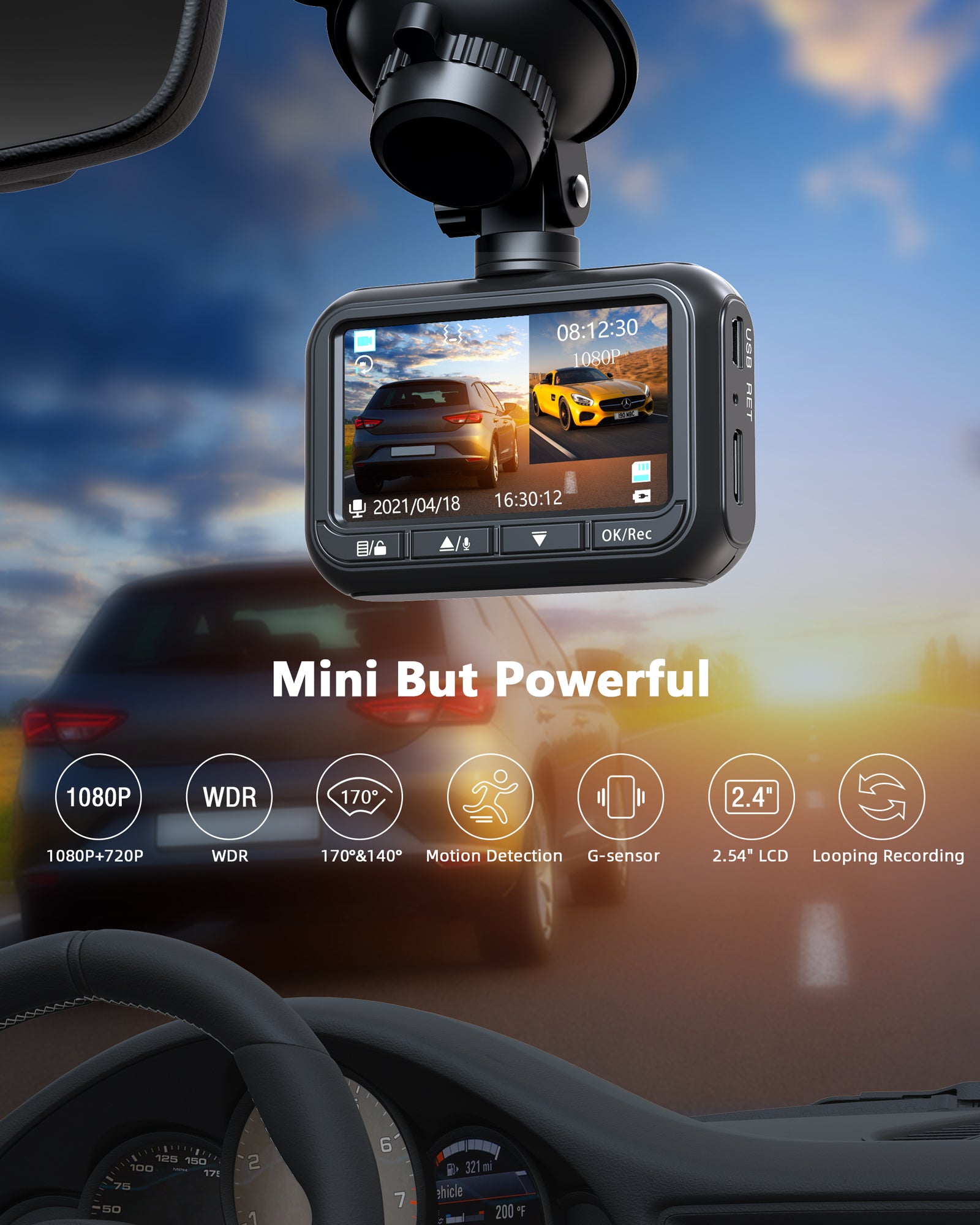 Toguard CE18A Mini Dual Dash Cam für Autos 1080P Front- und Heckkamera
