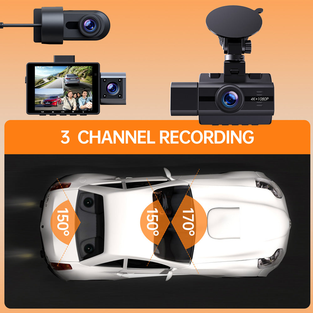 Toguard DC40 3 Channel 4K Dash Cam, 4K+1080P+1080P Three Way Sony Sensor, 24 Hour Parking Mode Dash Camera(Europe ONLY)