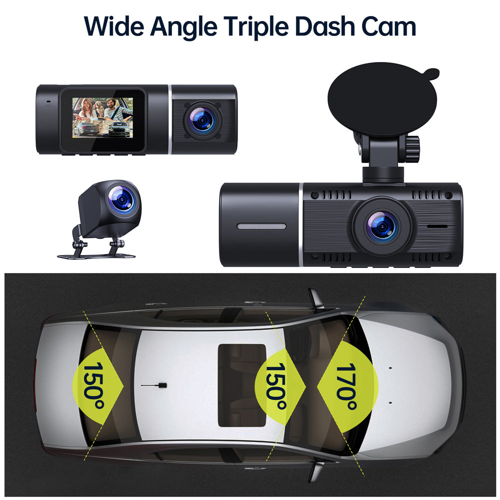 Toguard C300 3 Channels Dash Cam with IR Night Vision FHD 1080P Front 720P Inside Cabin and 720P Rear Dash Camera With WDR, Loop Recording,