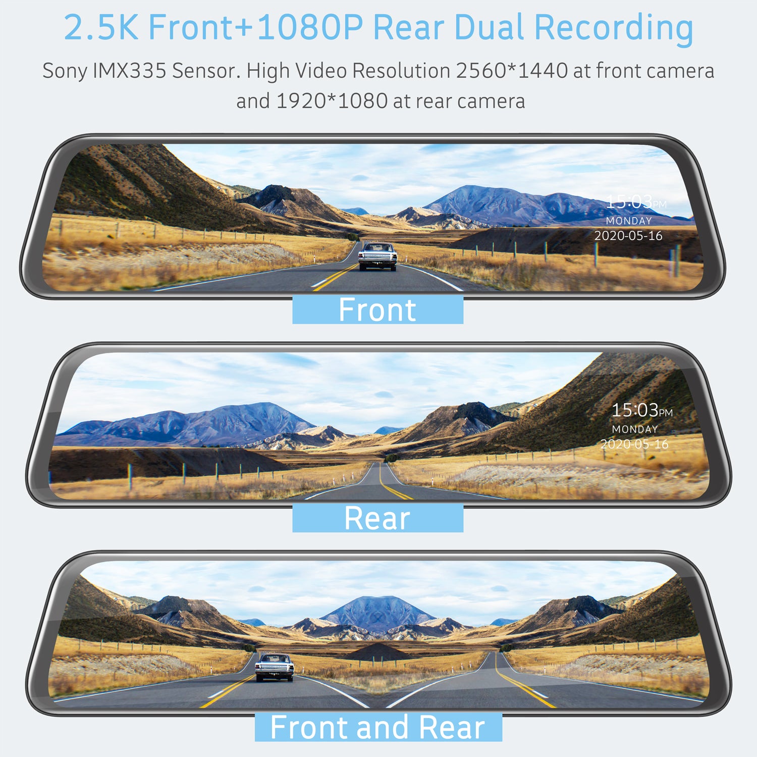 Toguard CE70 12" 2.5K Miroir Double Lentille Dash Caméra Écran Tactile Avant pour Voitures Caméra de Recul