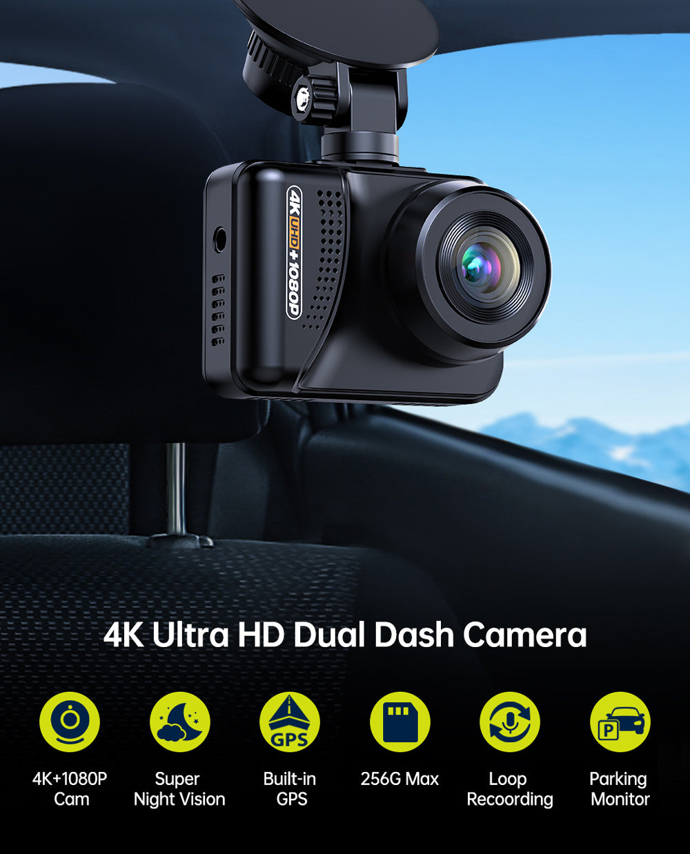 Toguard DC45 2'' LCD Front 4K and Rear 1080P Mini Dash Cam With Loop Recording/Parking Monitor For All Cars（Only available in Europe）