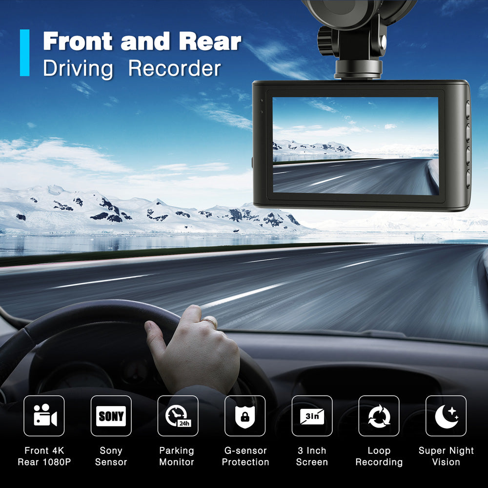 Toguard DC30A Native 4K+1080P front and rear dash camera, Super night vision & WDR 24/7 Parking Mode（Only Available In The US）