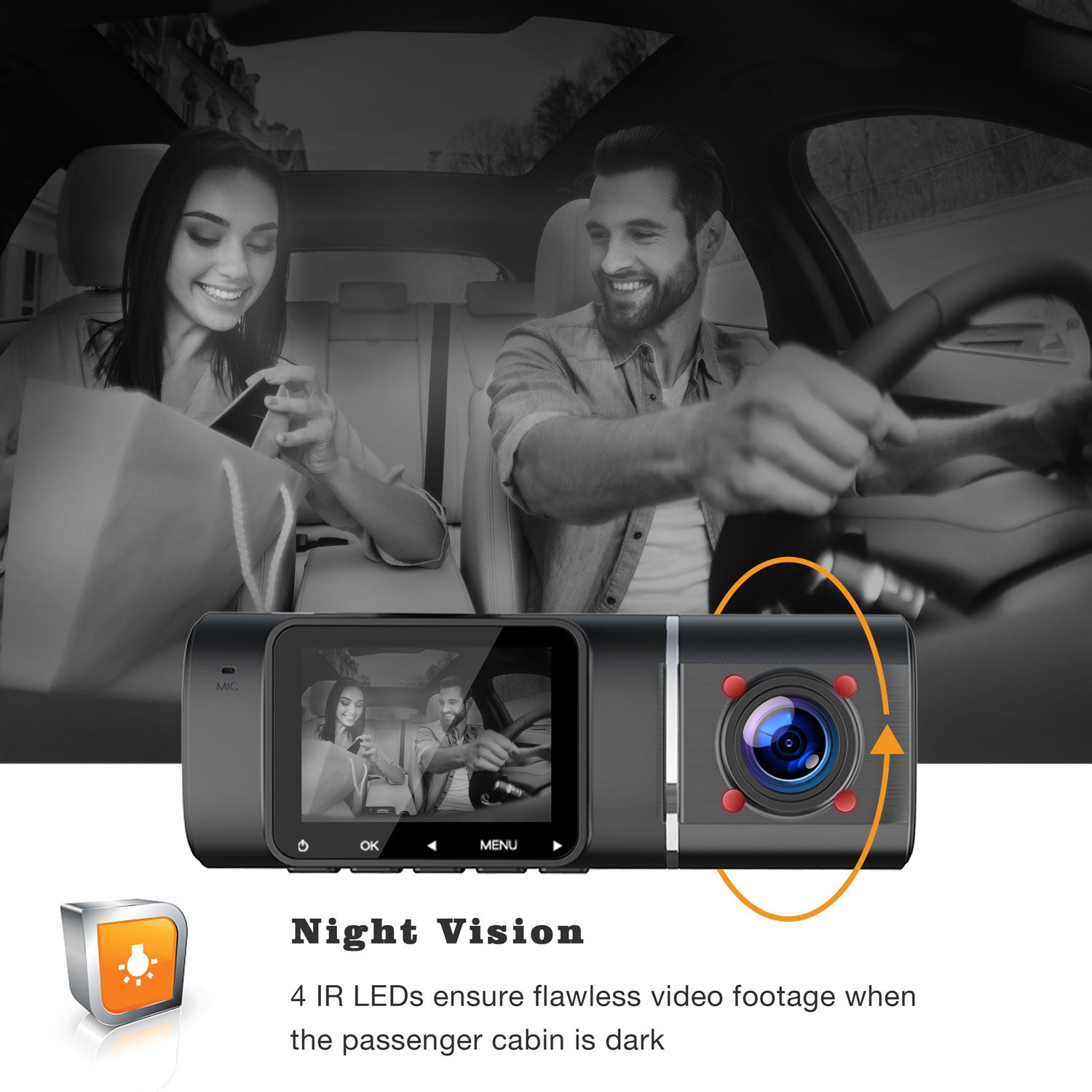 Toguard CE41A FHD 1080P Tableau de bord à double objectif avec caméra de vision nocturne IR pour caméra de recul de voitures