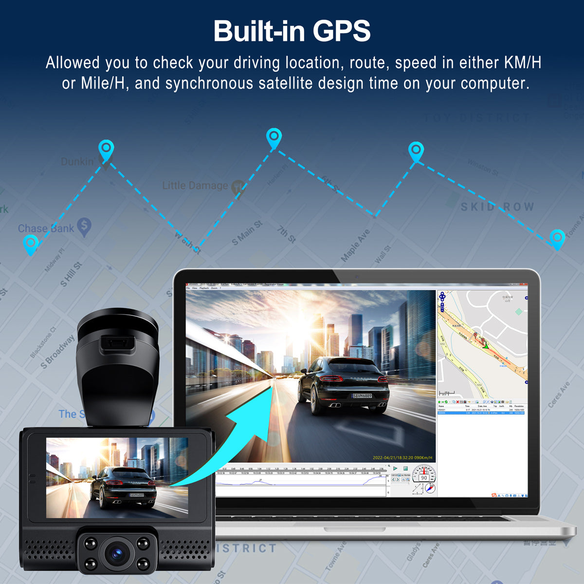 Toguard M200 1080P 3 Channel Front and Rear Inside Triple Car Camera With With GPS & Speed