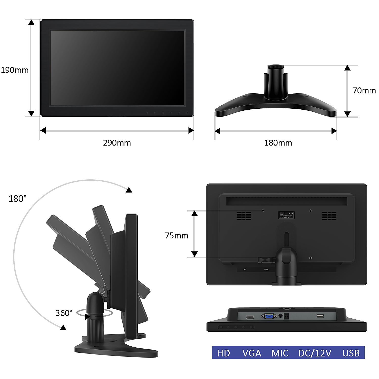 Toguard D119 Kleiner HDMI-Monitor 12 Zoll 1920 x 1080 LCD HD-Touchscreen-Monitor HDMI-Computerbildschirm