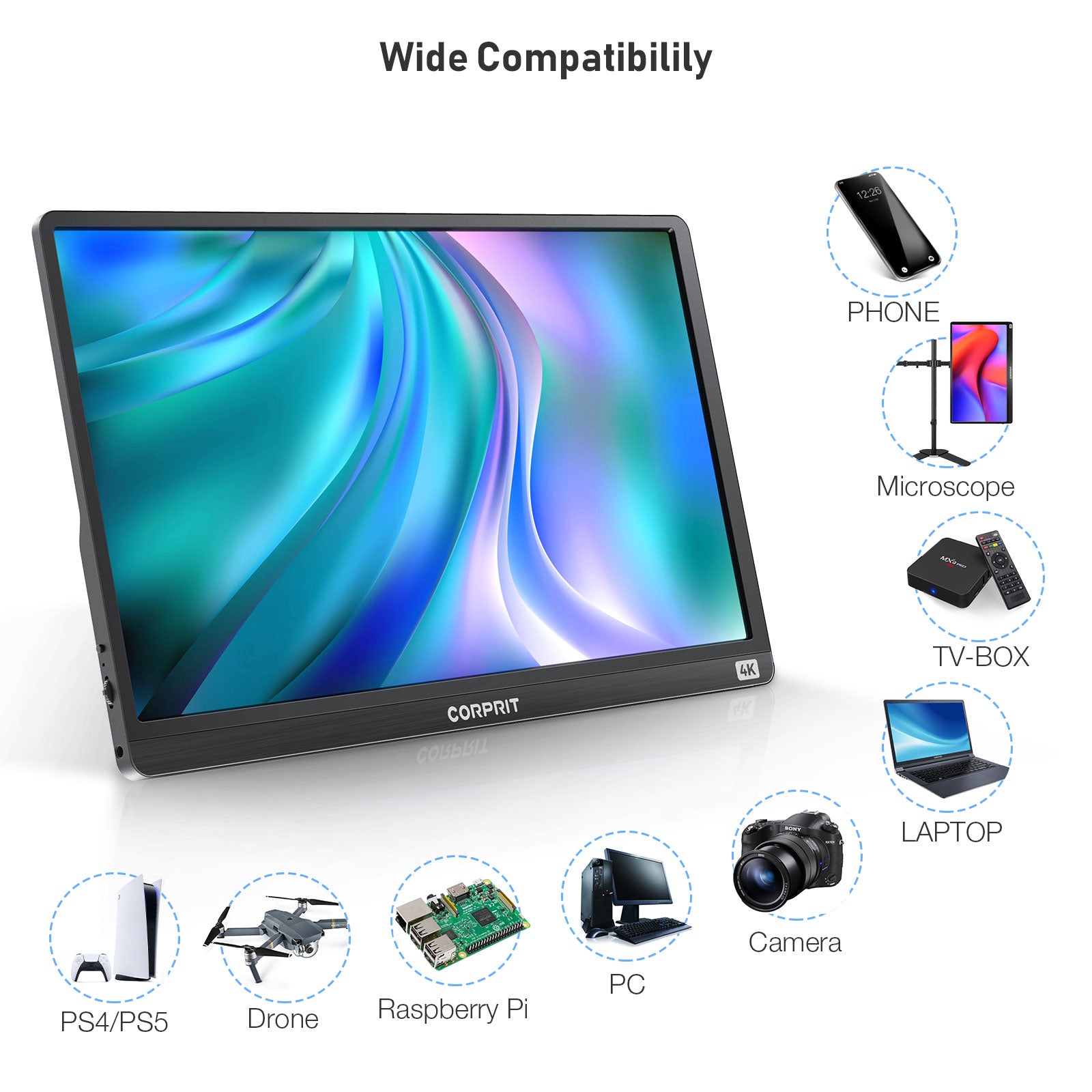 Moniteur portable Corprit D159 4K 100 % couleur RVB, écran extensible portable Corprit UHD IPS de 15,6 pouces