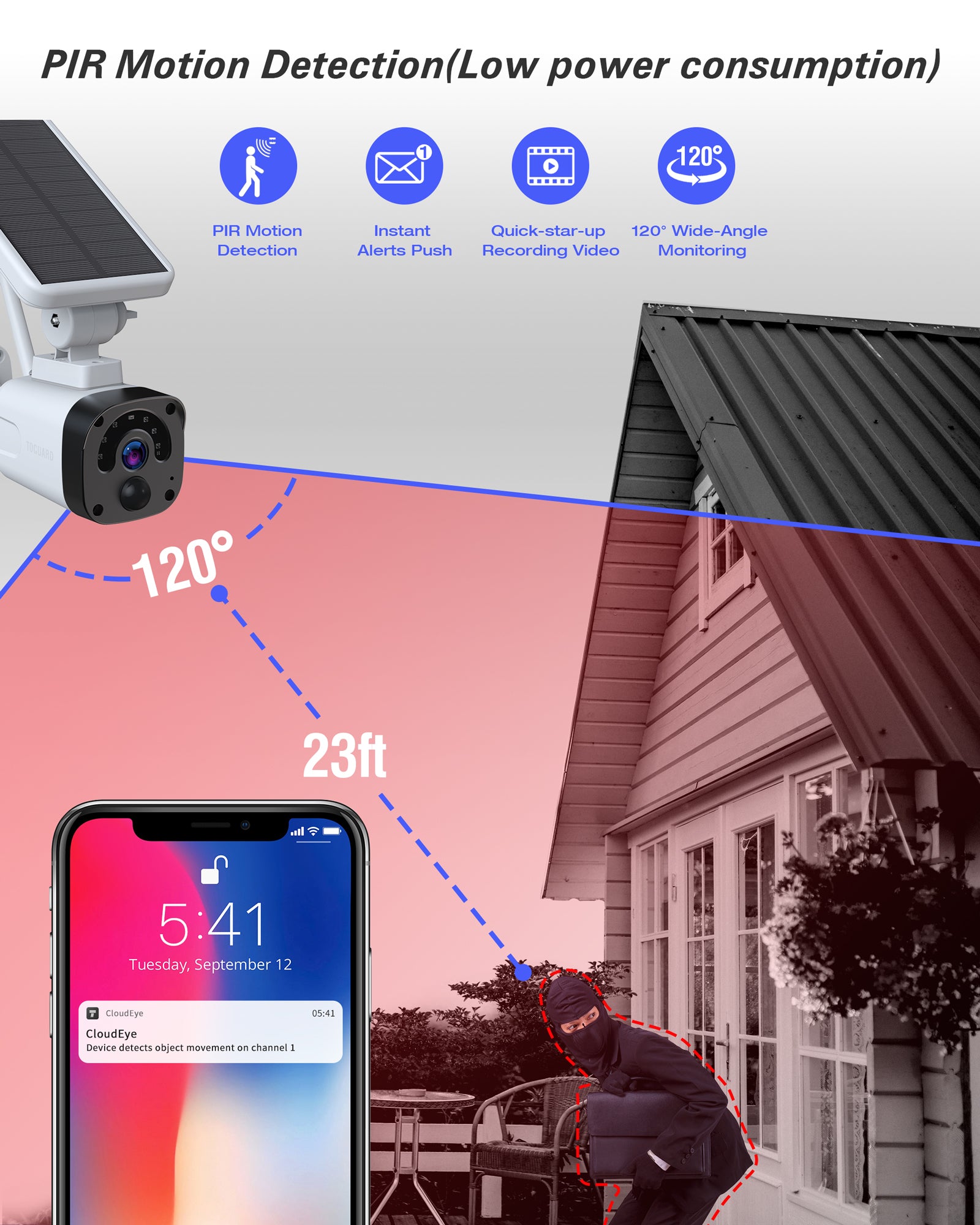 Toguard W601 WiFi extérieur sans fil (comprend une station de base et 1 caméra) Système de caméra de sécurité 1080p alimenté par batterie solaire