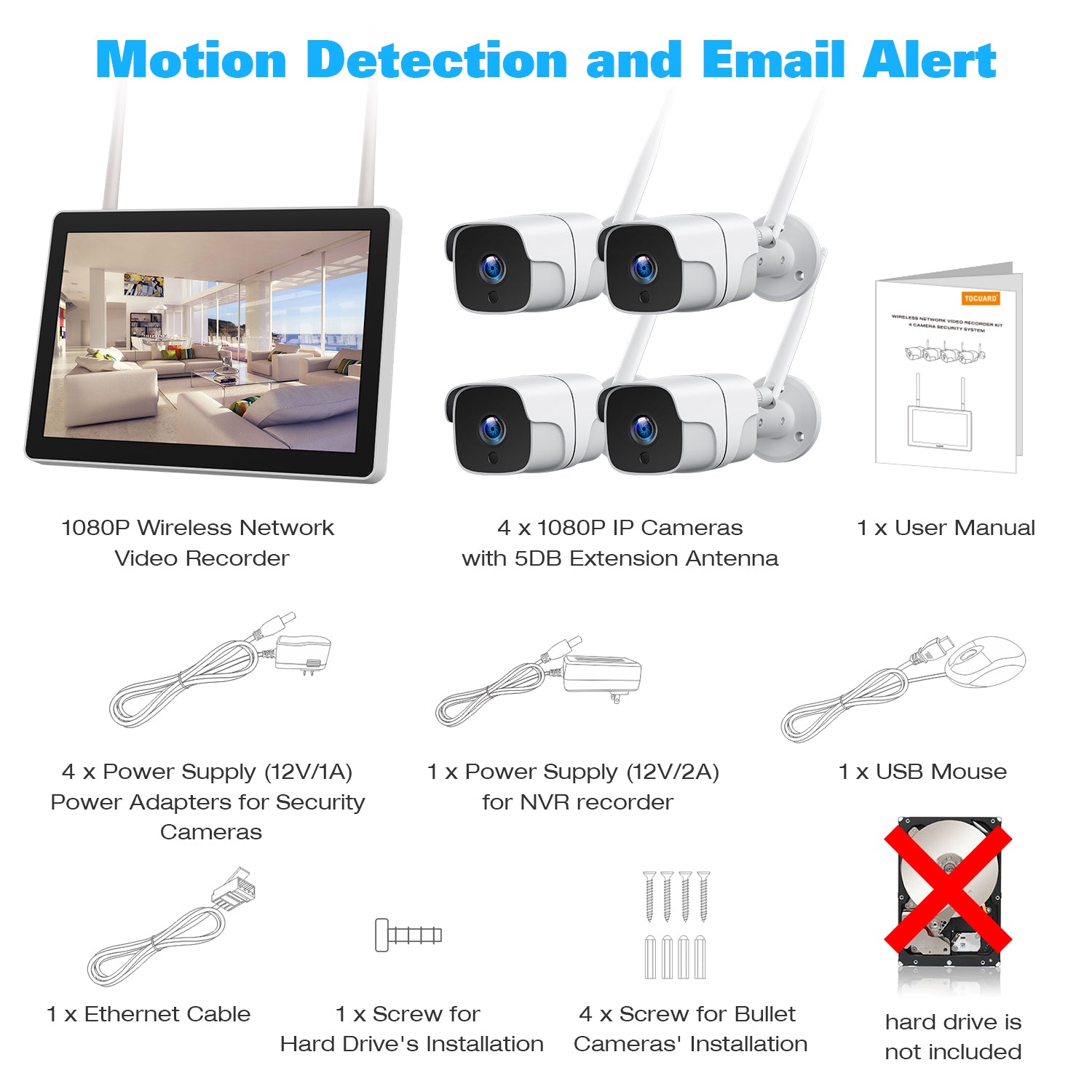 Toguard W400 4Pcs 1080P 8CH NVR Wireless Security Camera System with 12 inch LCD Monitor &  3TB Hard Drive (Only Available In Europe)